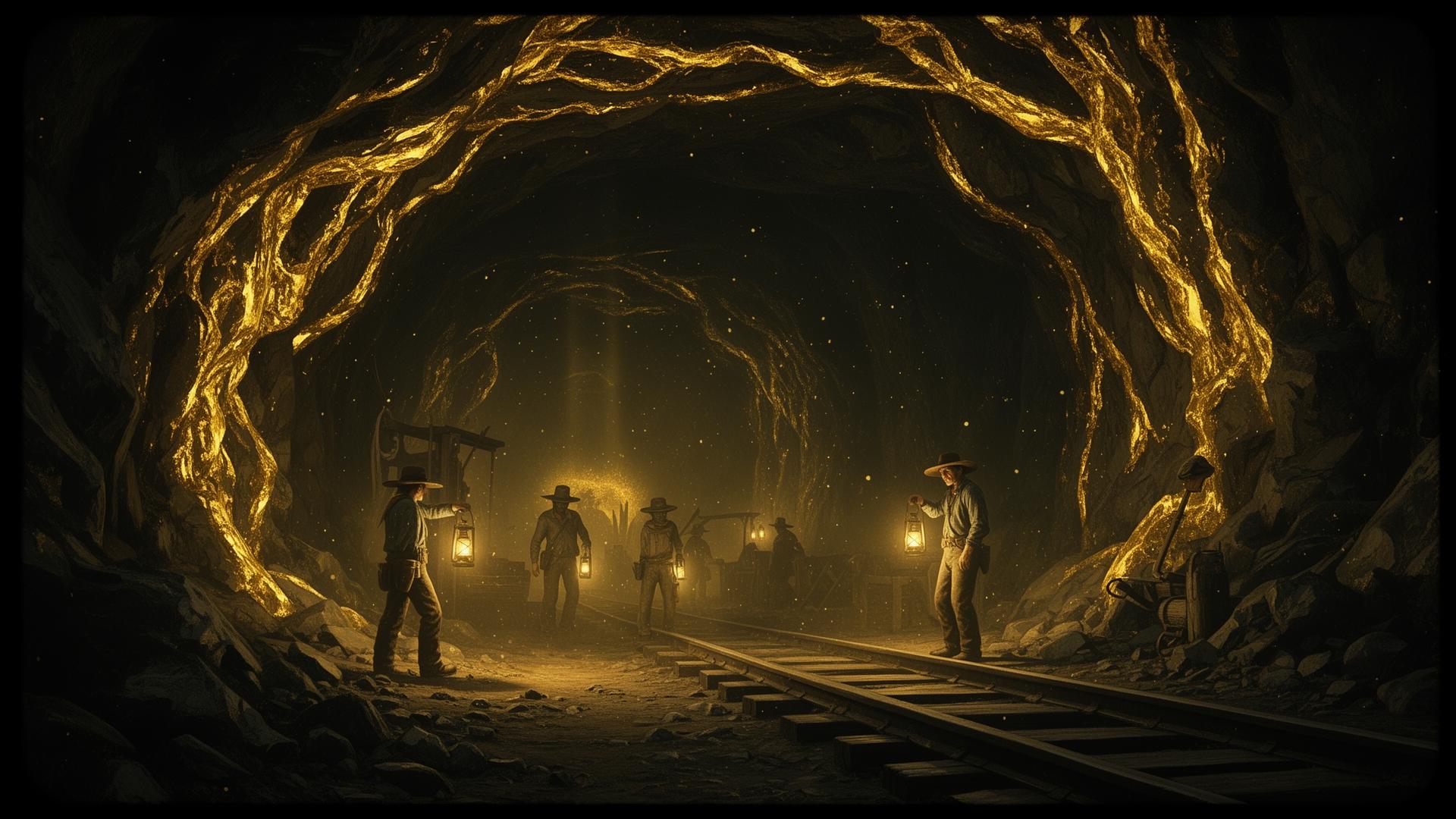 Mina de ouro escura com veios dourados e mineradores