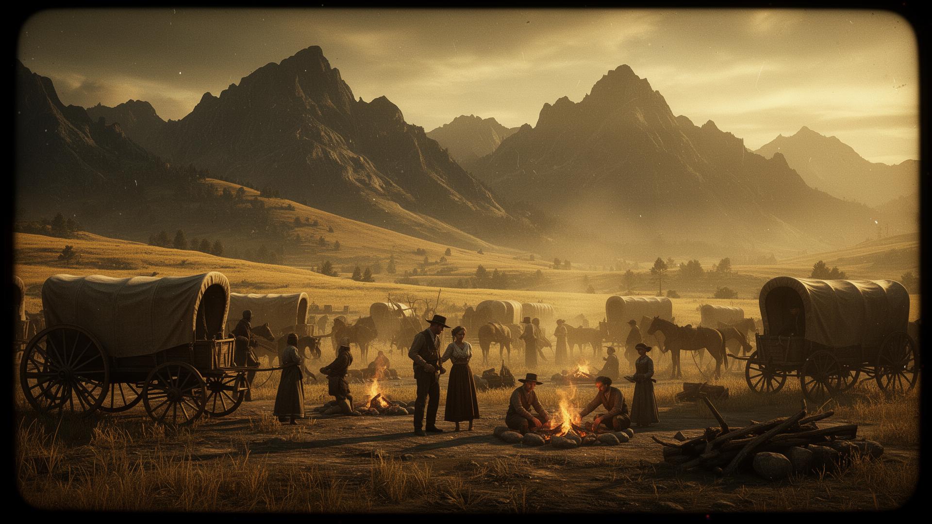 Acampamento pioneiro no vale ao amanhecer dourado
