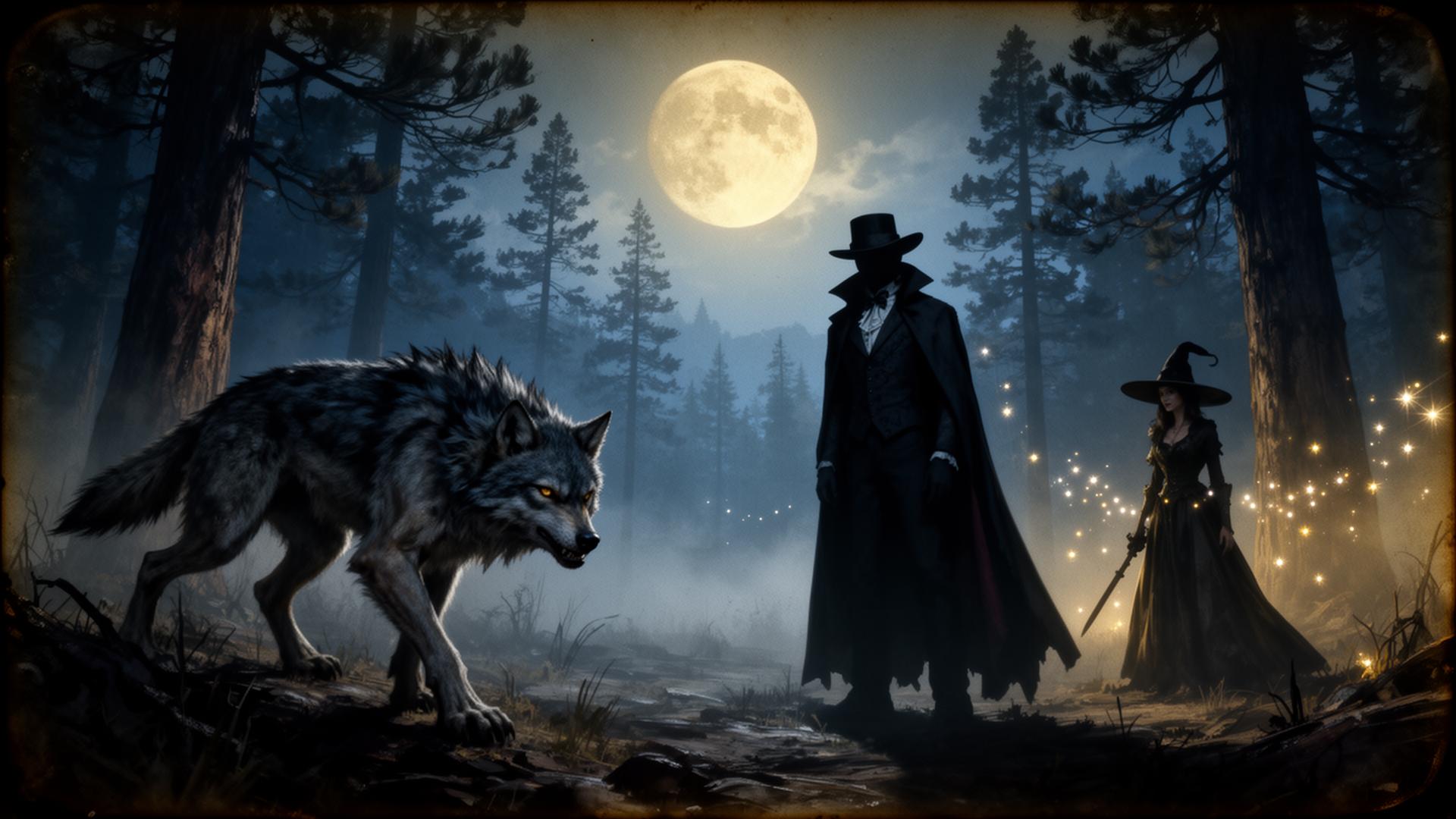 Lua cheia sobre floresta com criaturas da noite