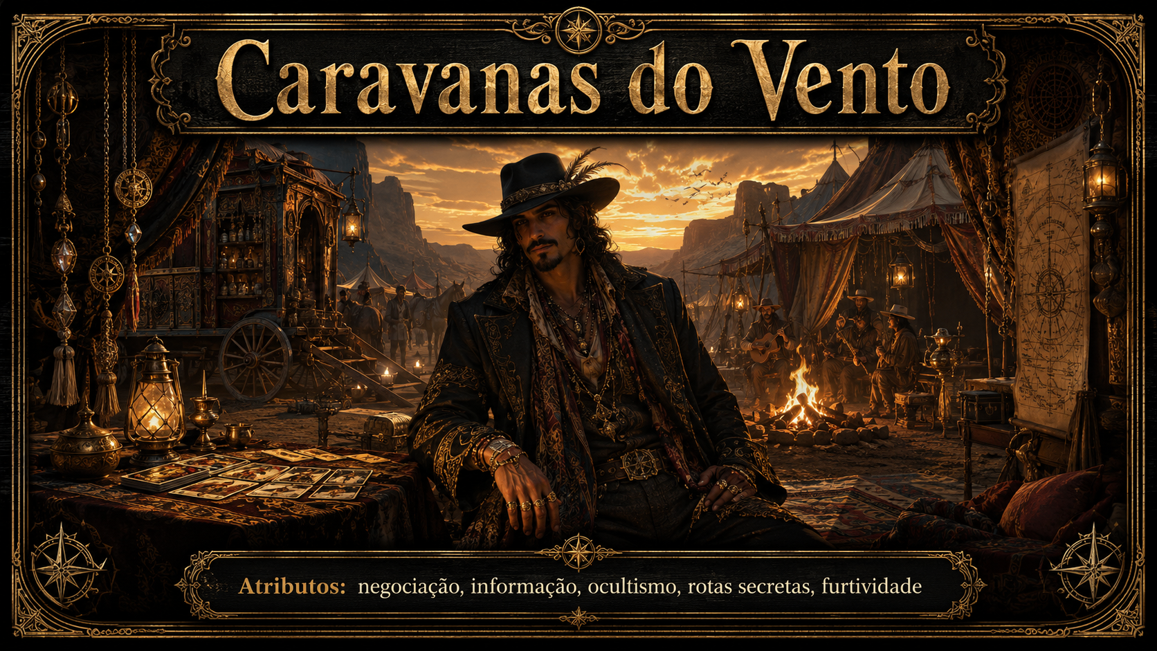 Caravana mística ao entardecer com tendas e fogueira