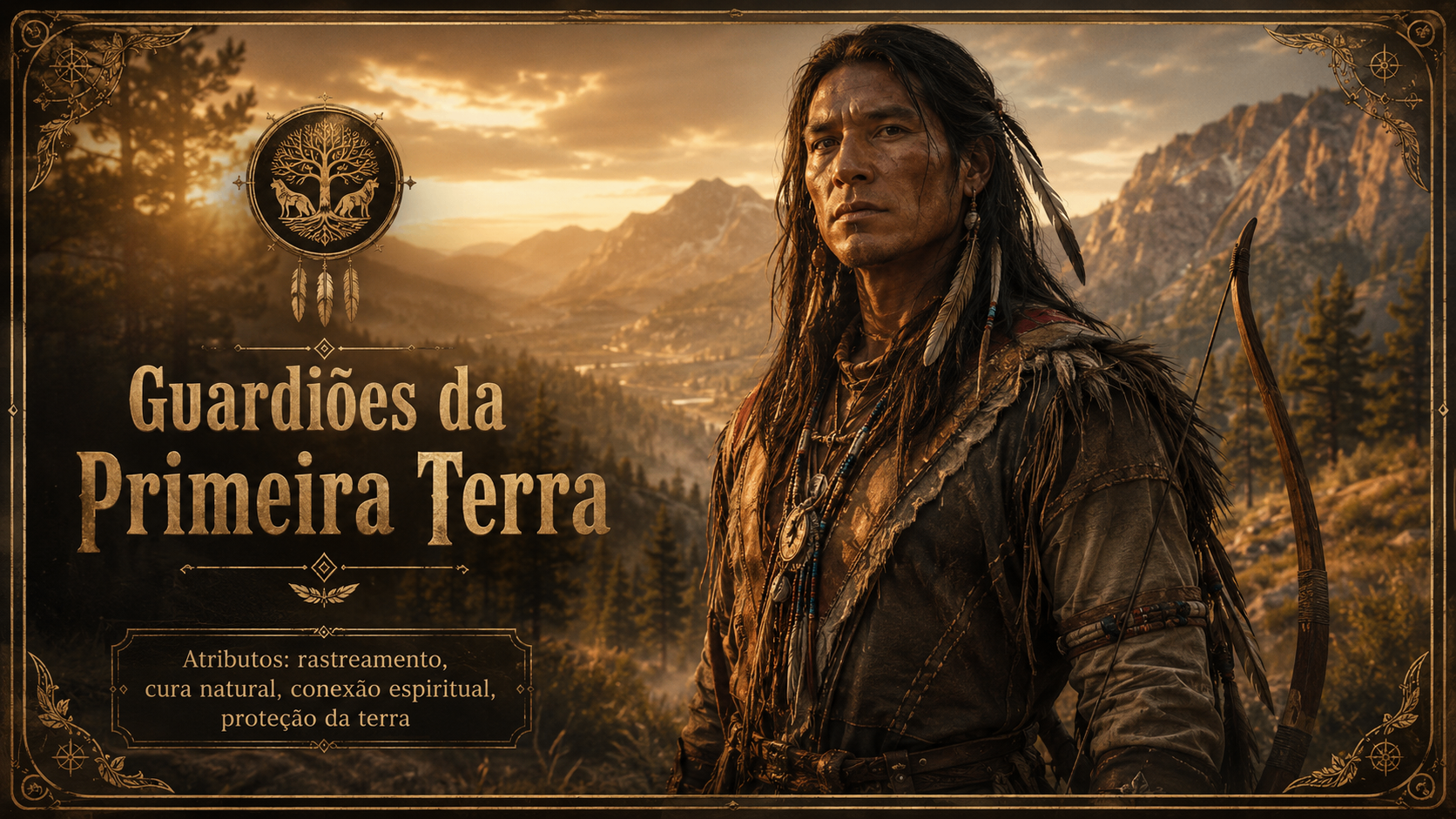 Guardião nativo fictício entre floresta, rio e montanhas